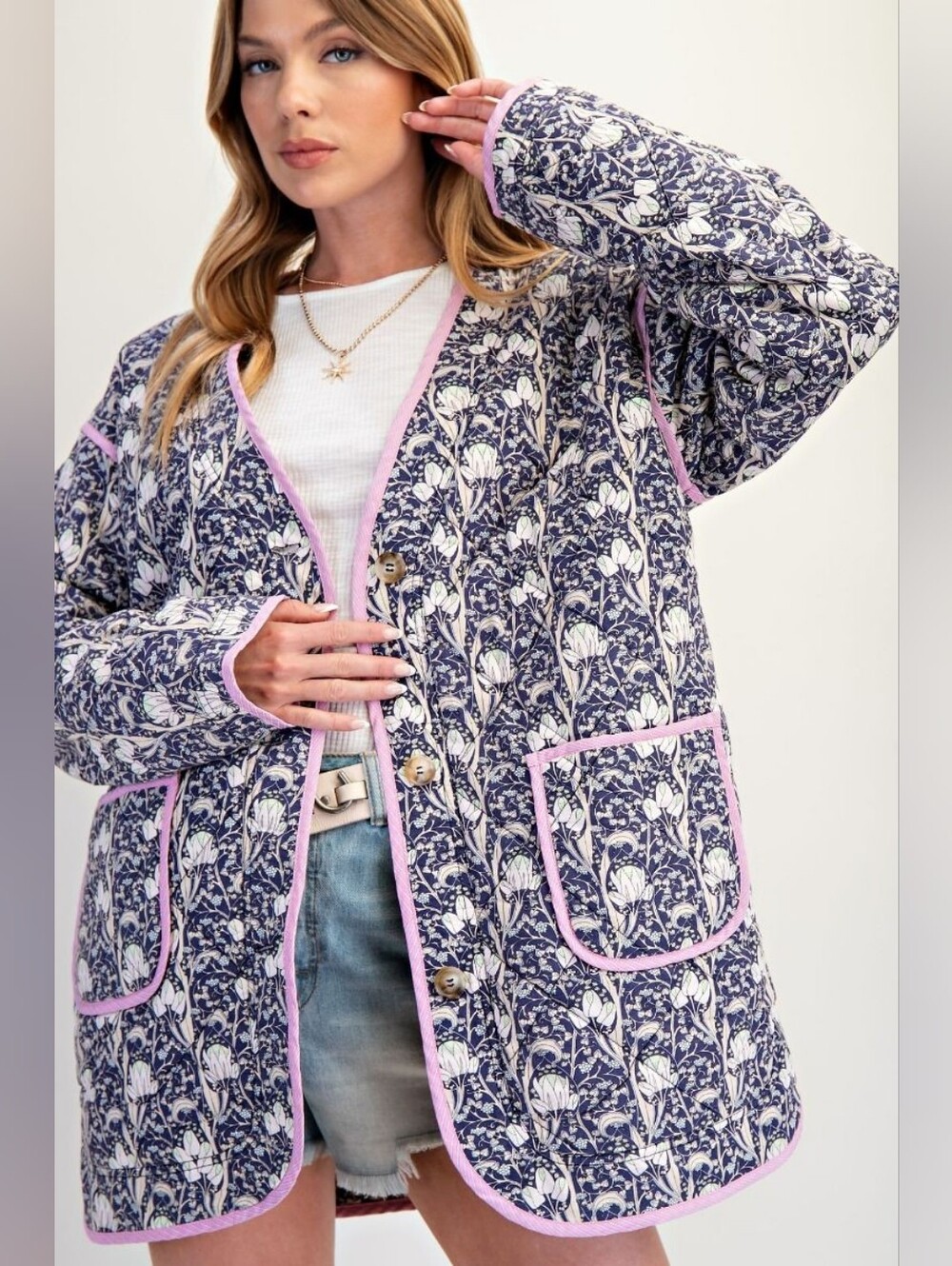 A4-0831 EASEL Cotton Floral Quilted Jacket with Pink Trim